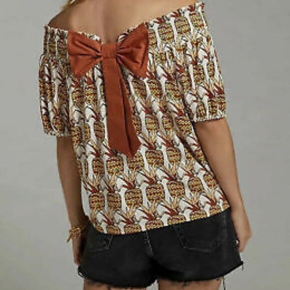 Anthropologie Cottagecore Off Shoulder Pineapple Bow Back Smocked Top Boho S - Picture 3 of 8